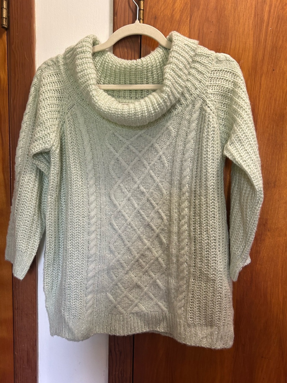 Mint Cable Knit Cowl Neck Sweater
